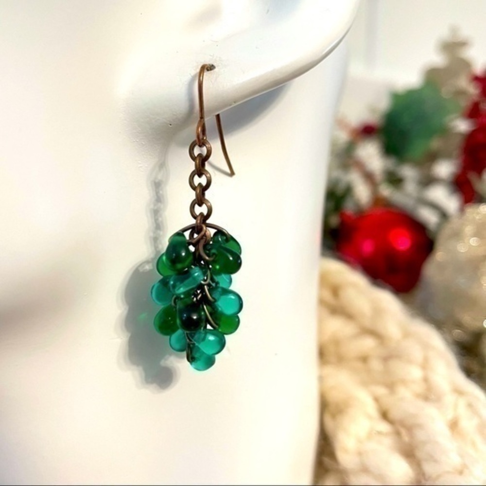 2/$29 Handmade Chunky Glass Drop Earrings 1.75” Green Copper Boho Bold